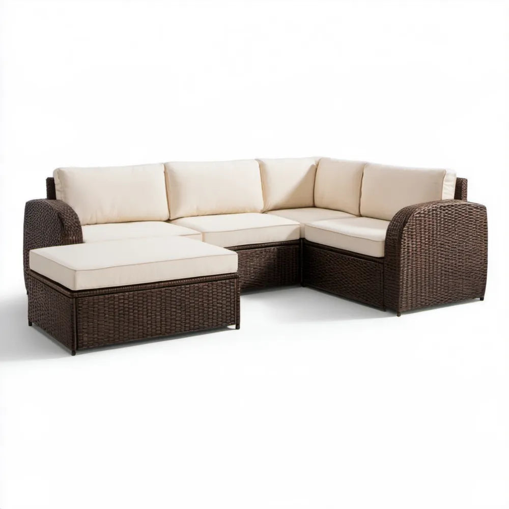 Narożna sofa ogrodowa z technorattanu PE z pufą, brązowa/kremowa, 200 × 200 × 75 cm