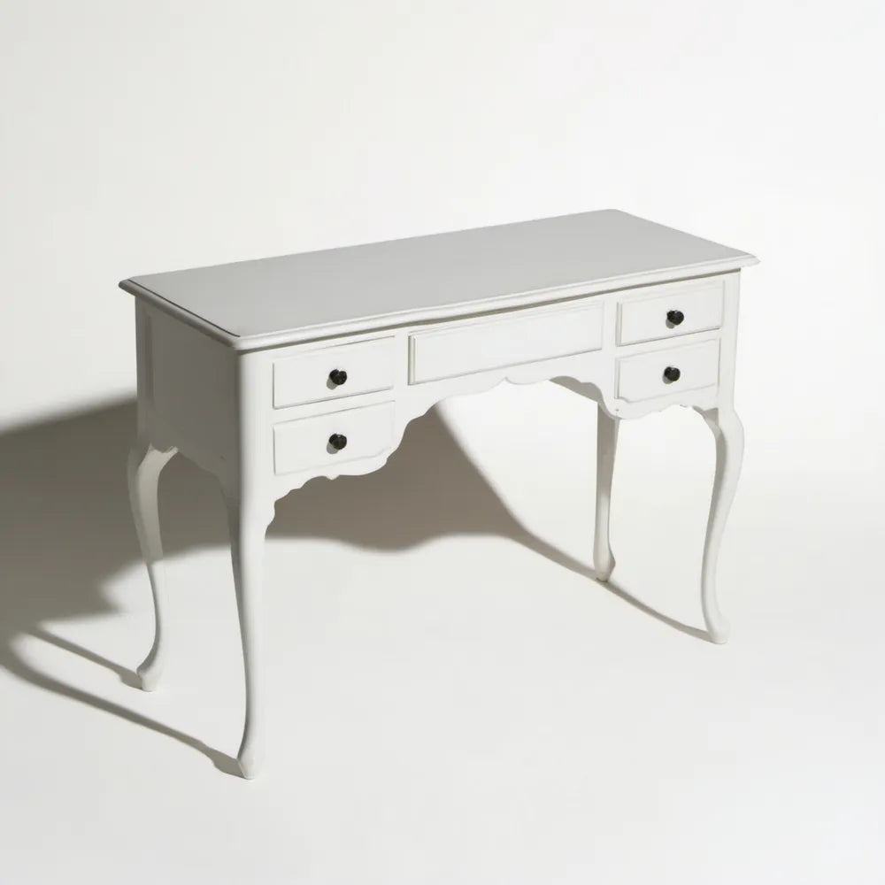 Biała toaletka z 5 szufladami i czarnymi uchwytami, MDF, 110 x 45 x 75 cm