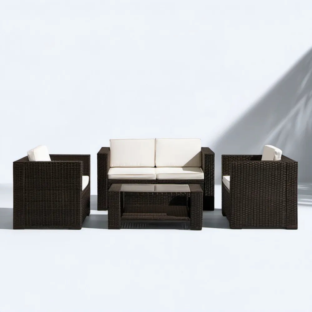 Brązowy zestaw wypoczynkowy z technorattanu z kremowymi poduszkami – sofa 120 × 60 × 76 cm, 2 fotele i stolik