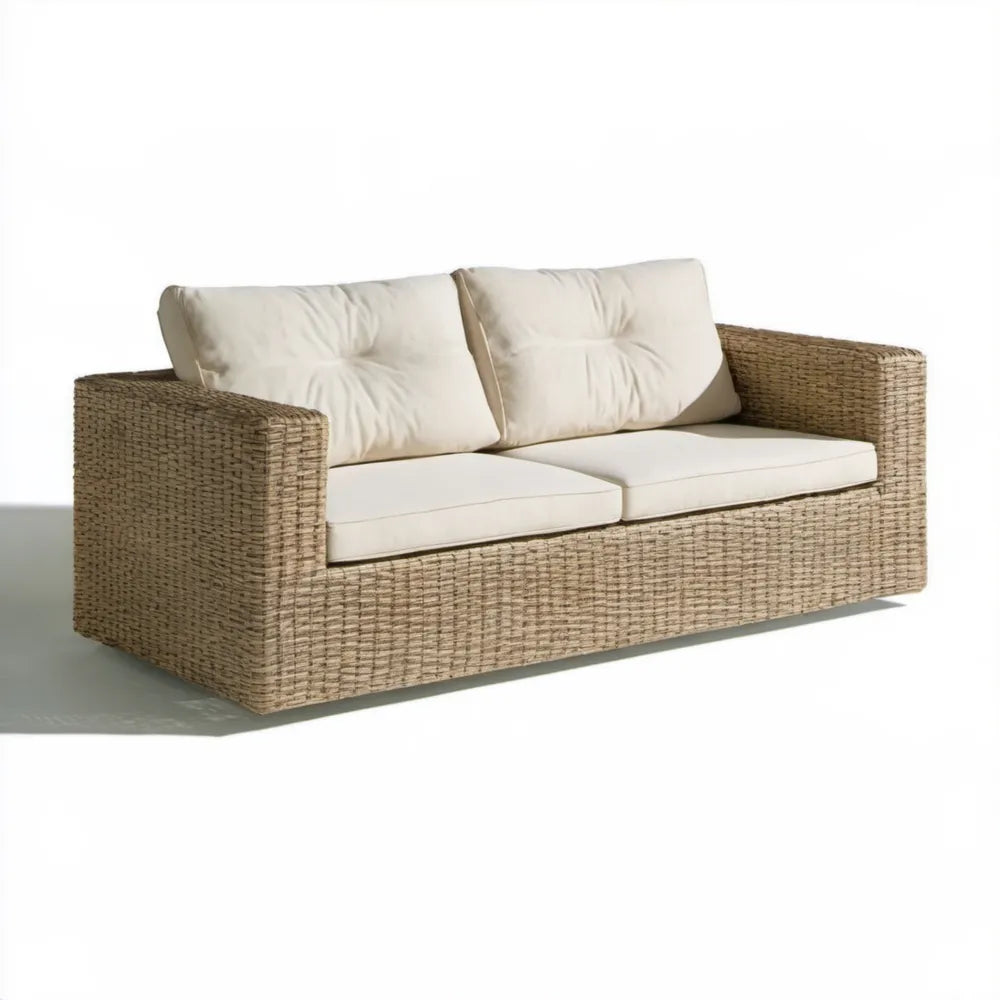 Dwuosobowa sofa ogrodowa z technorattanu, naturalny beż/kremowy beż, 160 × 80 × 75 cm