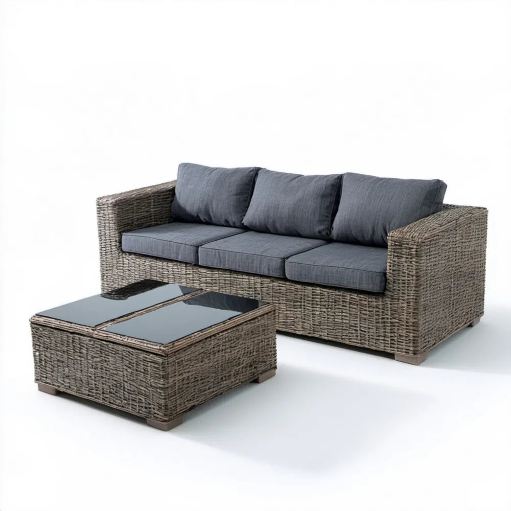 Zestaw ogrodowy z technorattanu: sofa 3-osobowa i stolik, szary/grafitowy/czarny, 200 x 80 x 70 cm