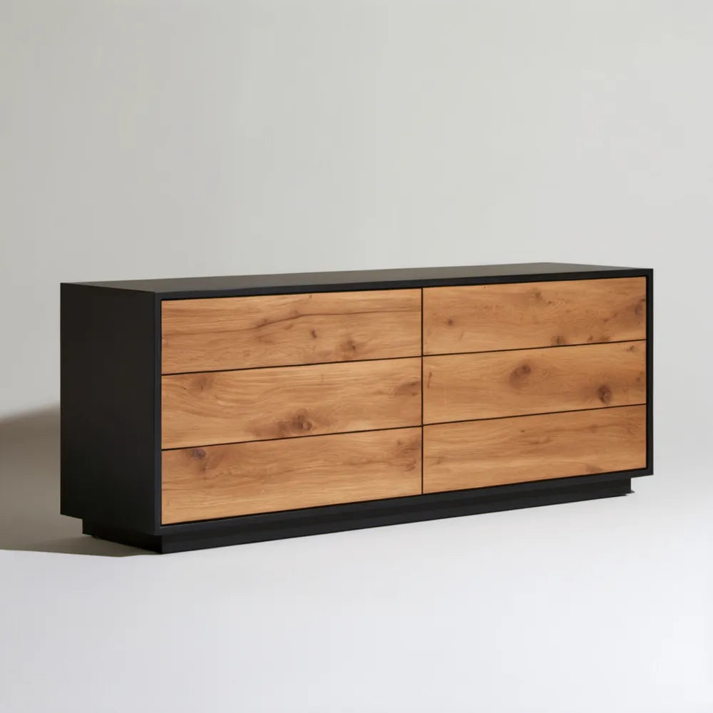 Komoda z 6 szufladami, czarna/dąb naturalny, 160 x 40 x 75 cm