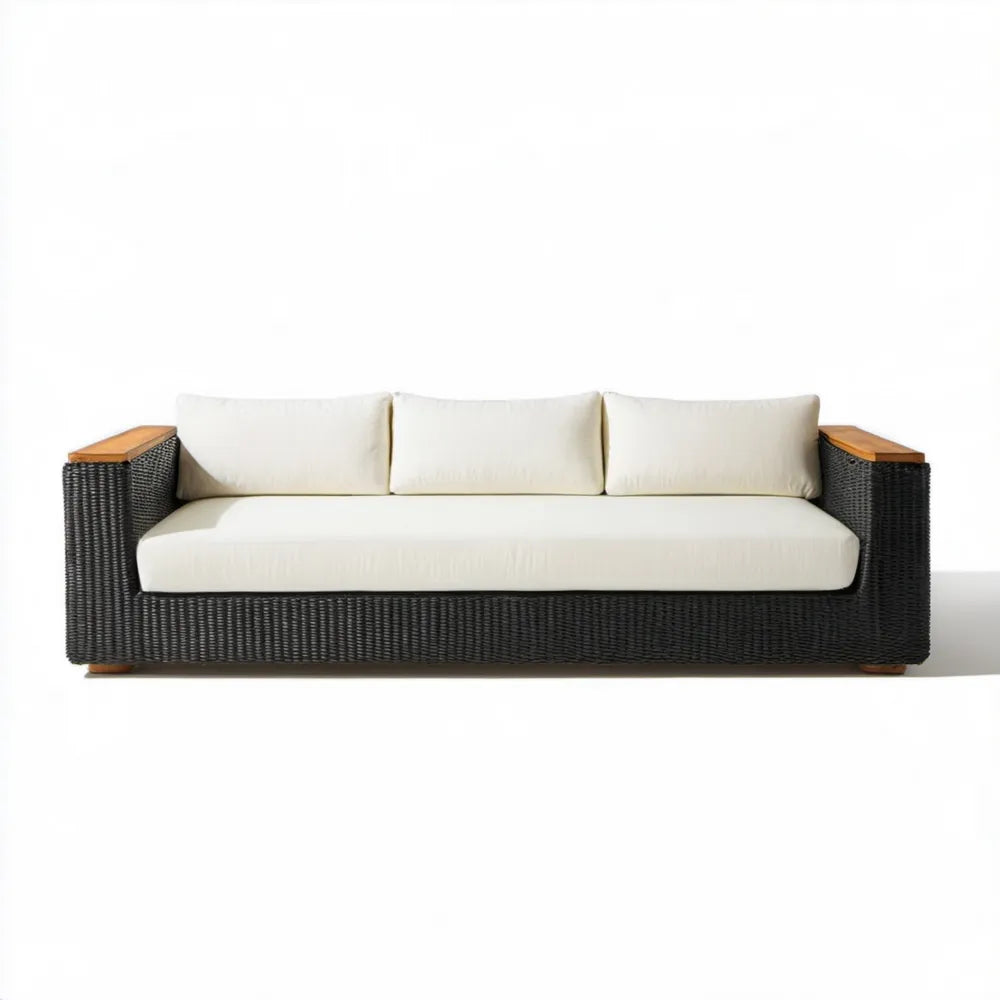 Trzyosobowa sofa ogrodowa z technorattanu 220 x 85 x 70 cm Czarna/Kremowa/Brązowa