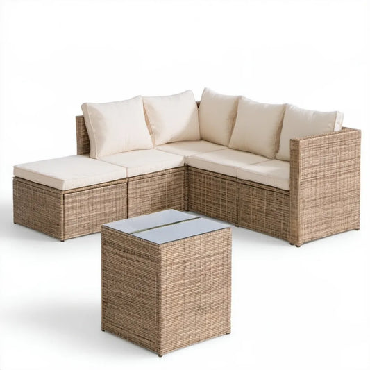 Beżowo-brązowy narożny zestaw ogrodowy z technorattanu PE 195 x 140 cm ze stolikiem