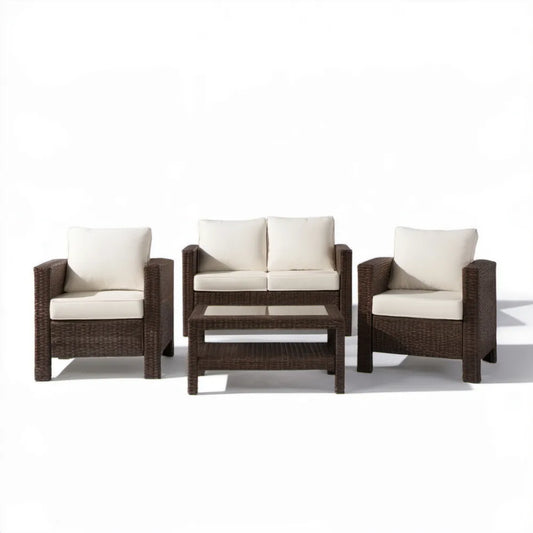 4-częściowy zestaw mebli ogrodowych z technorattanu Brązowy/Kremowy, sofa, 2 fotele i stolik 90 x 50 x 43 cm