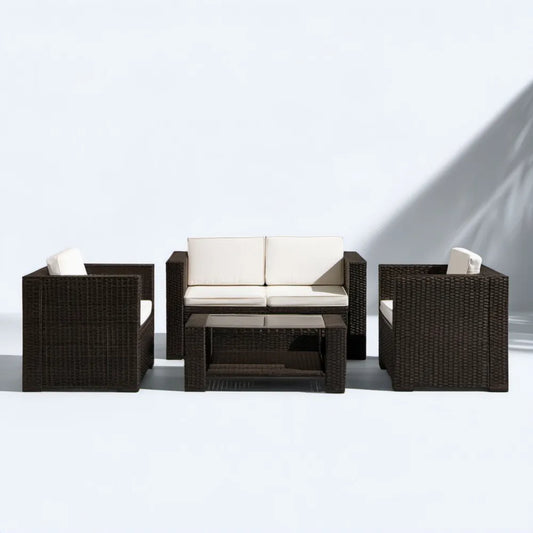 Brązowy zestaw wypoczynkowy z technorattanu z kremowymi poduszkami – sofa 120 × 60 × 76 cm, 2 fotele i stolik