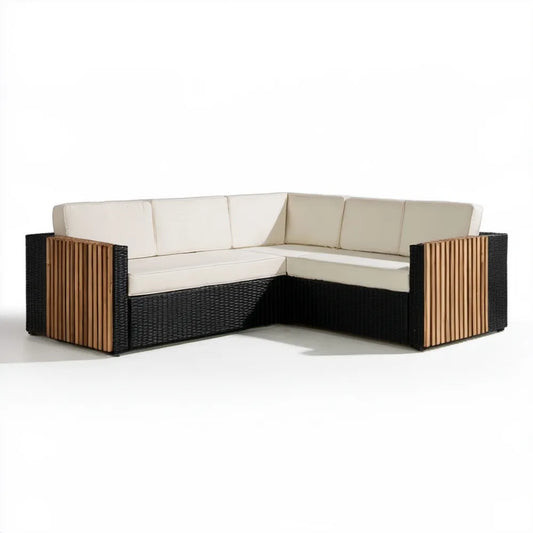 Narożna sofa ogrodowa z technorattanu i drewna akacjowego, czarno-naturalno-beżowa, 230 x 230 x 82 cm