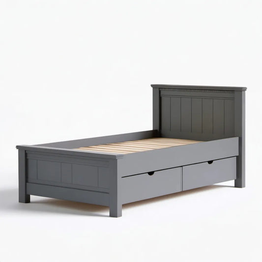 Szare łóżko 140 × 200 cm z MDF ze stelażem sosnowym i 2 szufladami