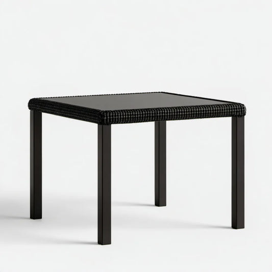 Czarny kwadratowy stół ogrodowy z aluminium, technorattanu i szkła hartowanego 80 x 80 x 74 cm
