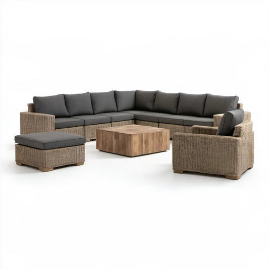5-elementowy zestaw mebli ogrodowych z technorattanu, beżowy/ciemnoszary/brązowy, sofa narożna 310 × 250 × 85 cm