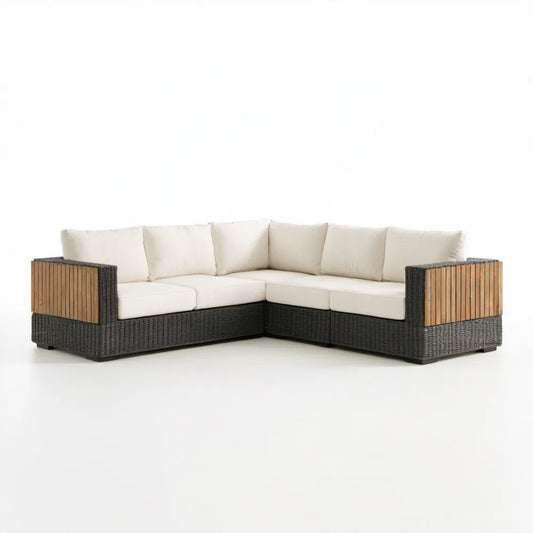 5-osobowa narożna sofa ogrodowa w kształcie L z technorattanu i drewna akacjowego, czarno-beżowa, 260 × 260 × 75 × 70 cm