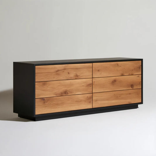 Komoda z 6 szufladami, czarna/dąb naturalny, 160 x 40 x 75 cm