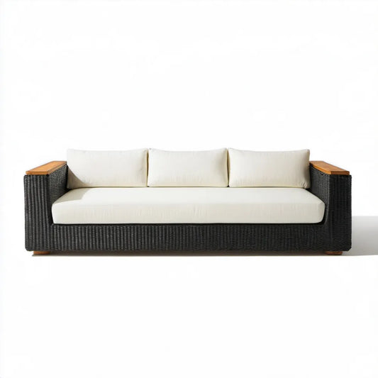 Trzyosobowa sofa ogrodowa z technorattanu 220 x 85 x 70 cm Czarna/Kremowa/Brązowa